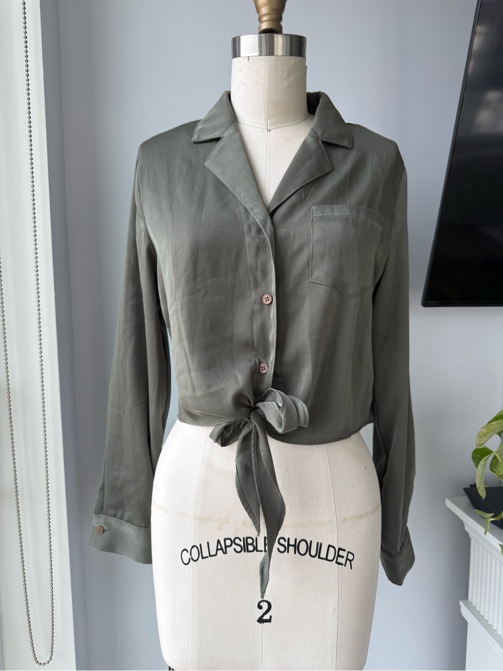 OAK + FORT Olive Green Tie-Front Button Blouse